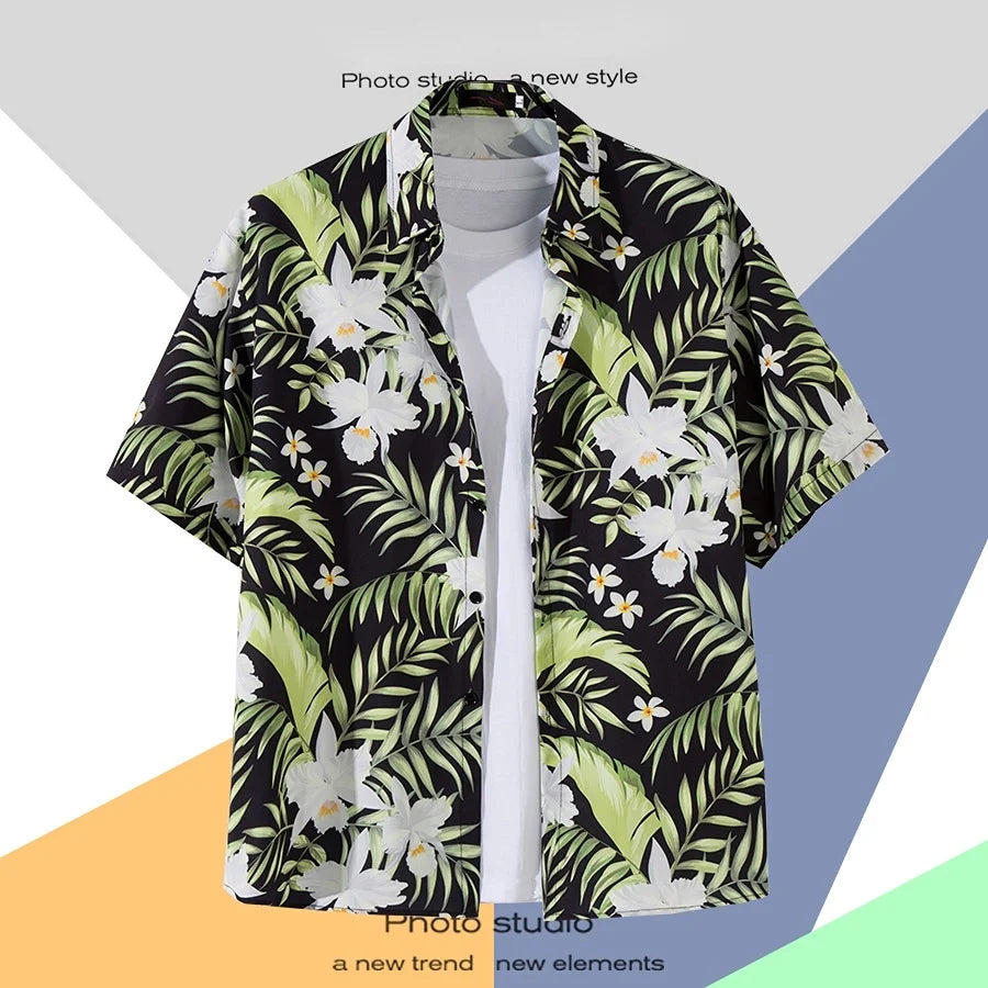 Men Street Fashion Summer Daily Shirt Hawaiian Cartoon Print Casual Loose Shirts Short Sleeve Beach Loose Tops