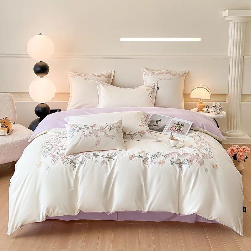 100% Cotton Bed Linen 4 Pcs Embroidered Comforter Bedding Set Couple Duvet Quilt Cover Double Sheets Set and Pillow Case Luxury