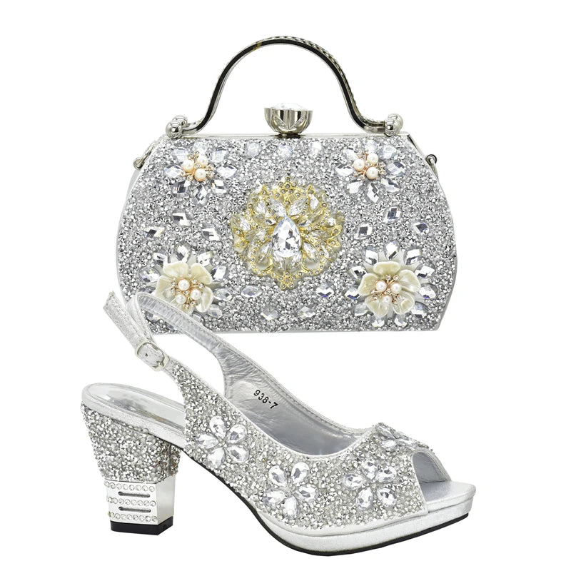 New Arrival Italian Women Wedding Shoes and Bag Set Decorated with Rhinestone Purple Shoes and Bags Sets Wedding Shoes Bride