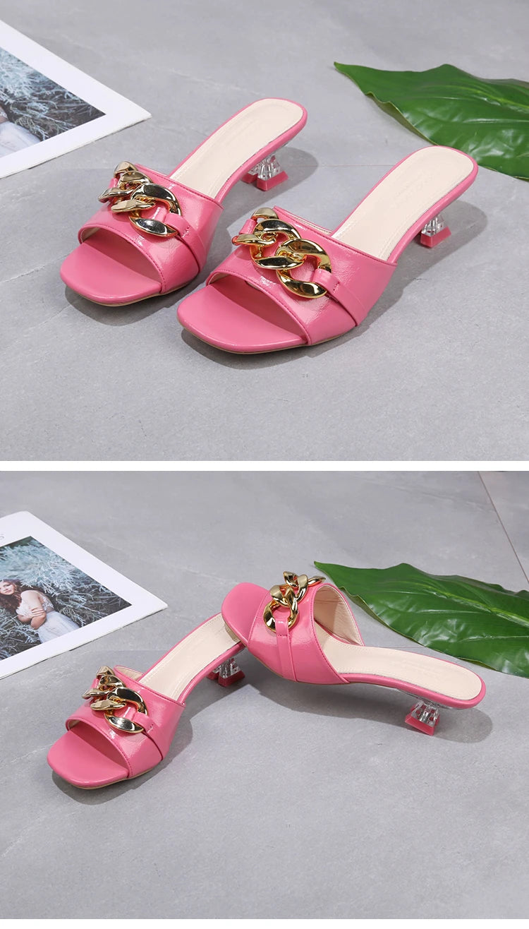 Women Slippers Women's Mules Slides Shoes Female Clear Heels Sandals with Chain Thin Heels Open Toe Outdoor Party Footwear