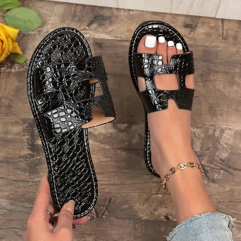 clearance sale Women's Summer Shoes Crocodile Pattern Solid Flat With Mule Beach sandals Non-slip Rubber ladies Slippers