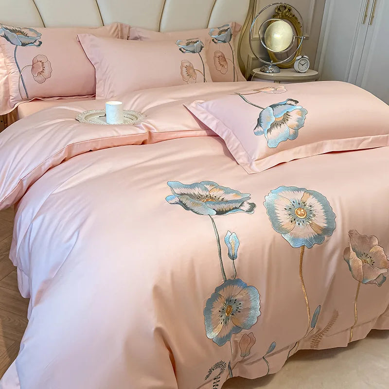 Egyptian Cotton Bedding Set Luxury Embroidery Double Duvet Cover Pure Cotton Flat or Fitted Bed Sheets and Pillowcases Bed Set