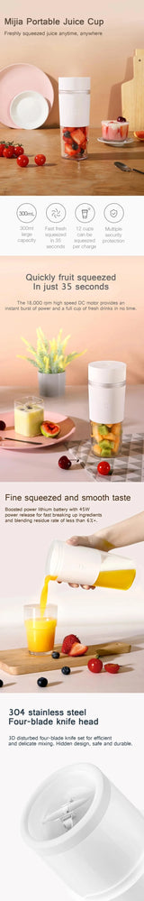 Xiaomi Mijia Portable Juicer Cup 300ml Mini Electric Juice Blender Fruit Food Processor Rechargeable Kitchen Mixer Quick Juicing