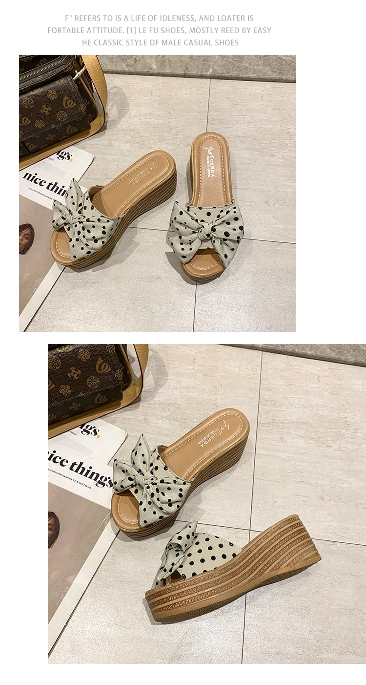 Aphixta 7cm Platform Wedge Slippers Women Shoes Butterfly-knot Clog Riband Polka Dot Snowflake Fabric Bow Flip Flop Light Slide