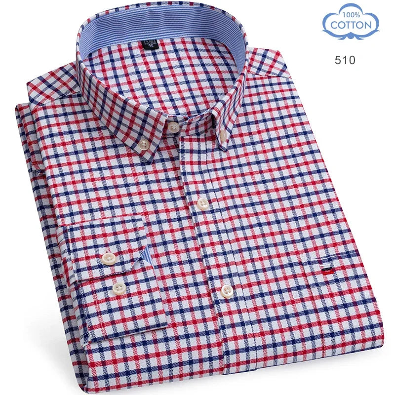 100% Pure Cotton Oxford Shirts for Men Long Sleeve  Plaid Shirt Striped Male BusinessTartan  Red Shirt Mans Designer Clothes