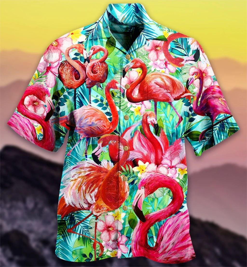 Summer Hawaiian Shirt for Men Designer 3d Printing Flamingo Short Sleeve Oversized Funny Men's Clothing Fashion Beach Harajuku