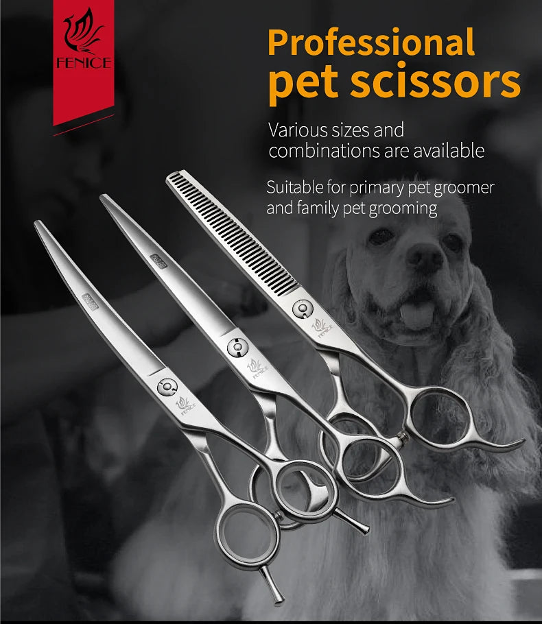 Fenice Professional Dog Grooming Scissors Kit Cutting Curved Thinning Shear 9CR Satinless Steel Scissors Set