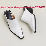 Dilalula 2024 Genuine Leather Women Covered Toe Mules Ladies Med Chunky Heel Summer Casual Wedges Slippers Office Sandals Woman