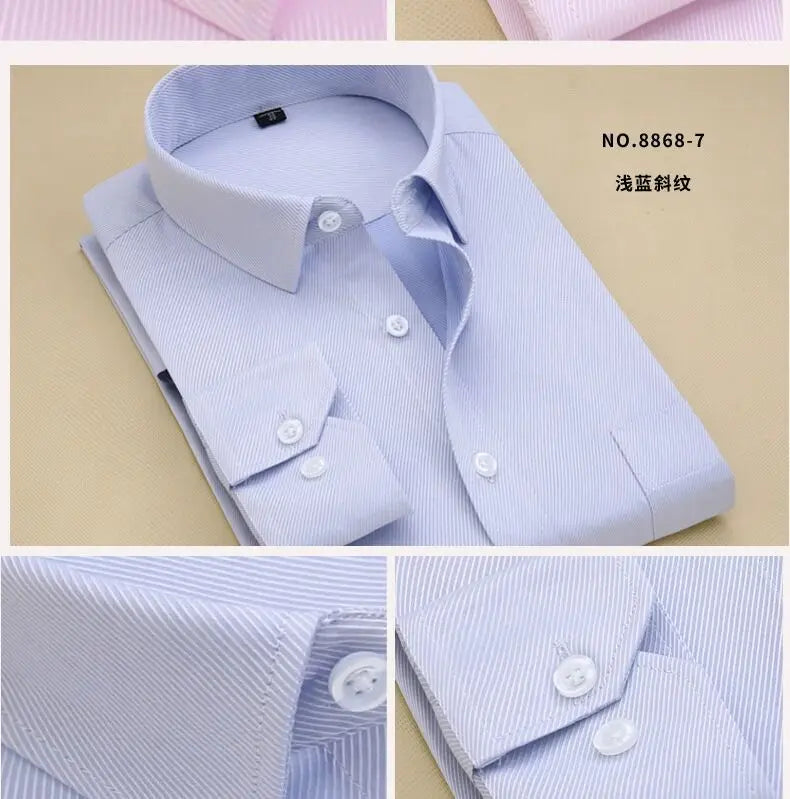 8XL Plus Size Men's Top Quality Dress Shirts Long Sleeve Slim Fit Solid Striped Business Formal White Shirt Male Social Clothing