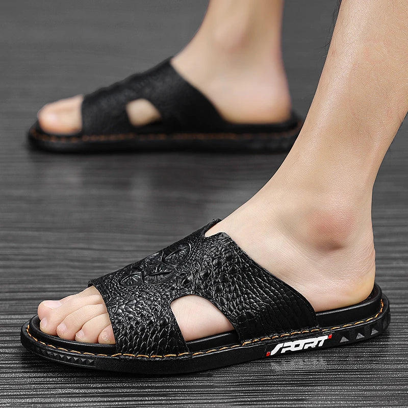 Genuine Leather Men Slippers Crocodile Grain Slip On Slipper Man Summer Shoes For Men Slides Casual