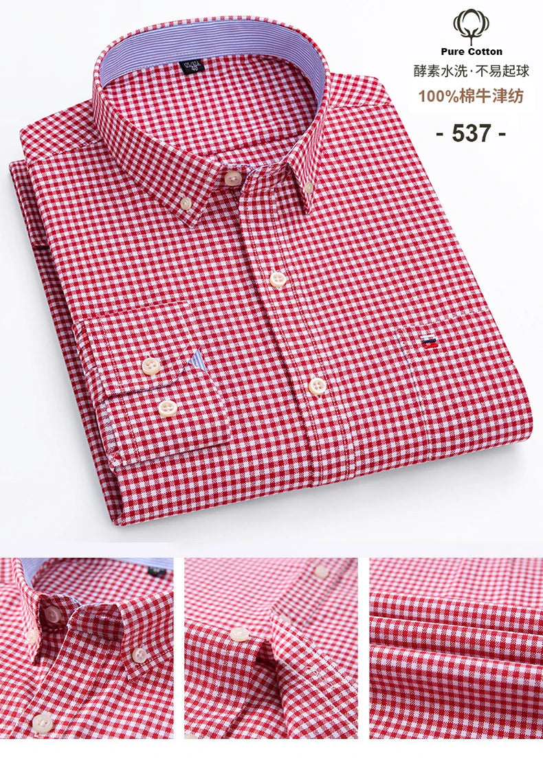 S~6XL Cotton Oxford Shirt For Mens Long Sleeve Plaid Striped Casual Shirts Male Pocket Regular-Fit Button-Down Work Man Shirt