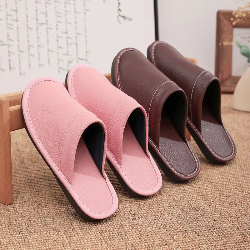 Home Leather Slippers Men and Women Spring 2024 New Non-slip Waterproof Floor Shoes Anti-odor Soft Sole males Indoor Slides