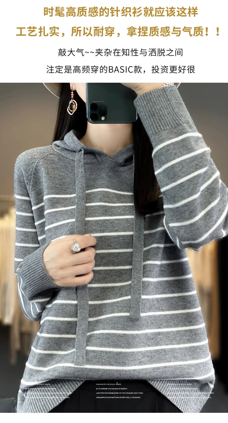 New Striped Wool Hoodies And Sweatshirts For Women Long Sleeve Sweaters Knitted Jumpers Female Outerwears Fashion Hoody Clothing