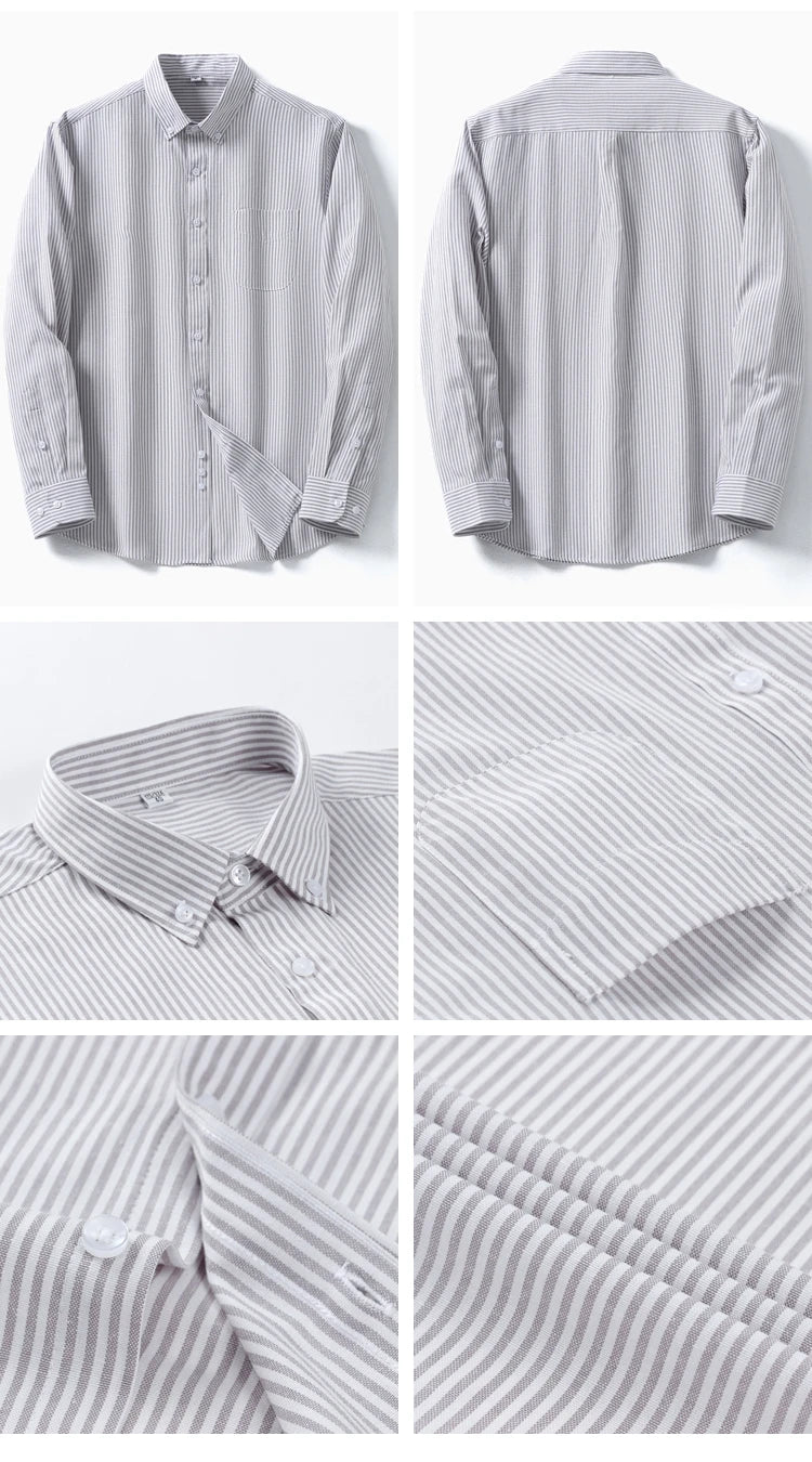 Men's Cotton Blend Long Sleeve Striped Oxford Woven Shirt Front Patch Chest Pocket Button-down Spring Autumn Casual Shirts