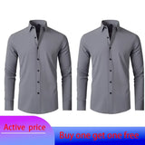 6xl New Spring and summer  elastic force non-iron men's long-sleeved business casual shirt solid color mercerized vertical shirt