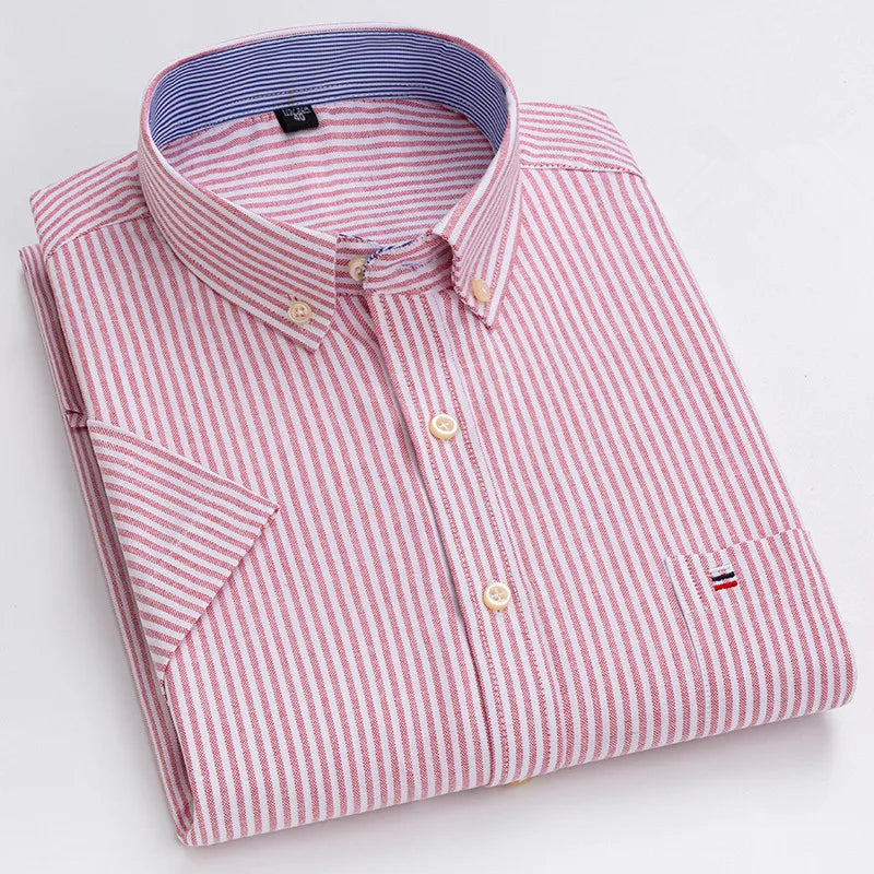 100% Cotton Men Oxford Shirt Short Sleeve Summer Plaid Striped Male Clothes Business Regular Fit Dress Shirt Oversized 7XL 6XL