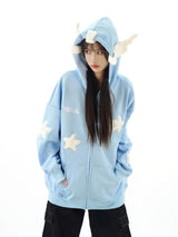 Japanese Kawaii Wing Hooded Loose Sweatshirt Women Autumn Long Sleeves Zipper Star Cardigan Oversized Coat Y2K Sweet Cute