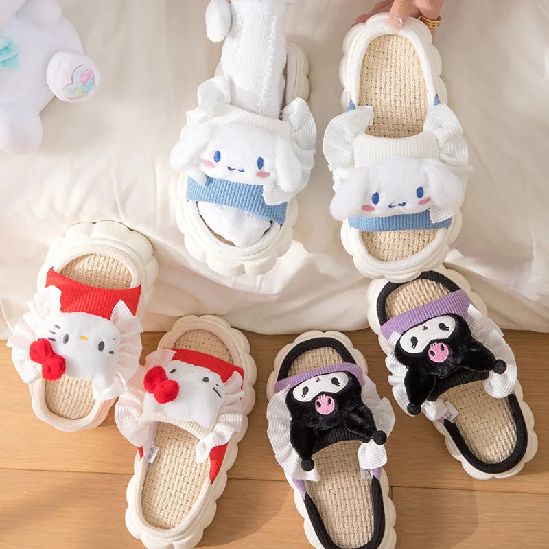 Sanrio Cute Slipper Antislip Flax Comfortable Pochacco Hello Kitty Kuromi Outdoor Indoor Slides Cartoon Sweet