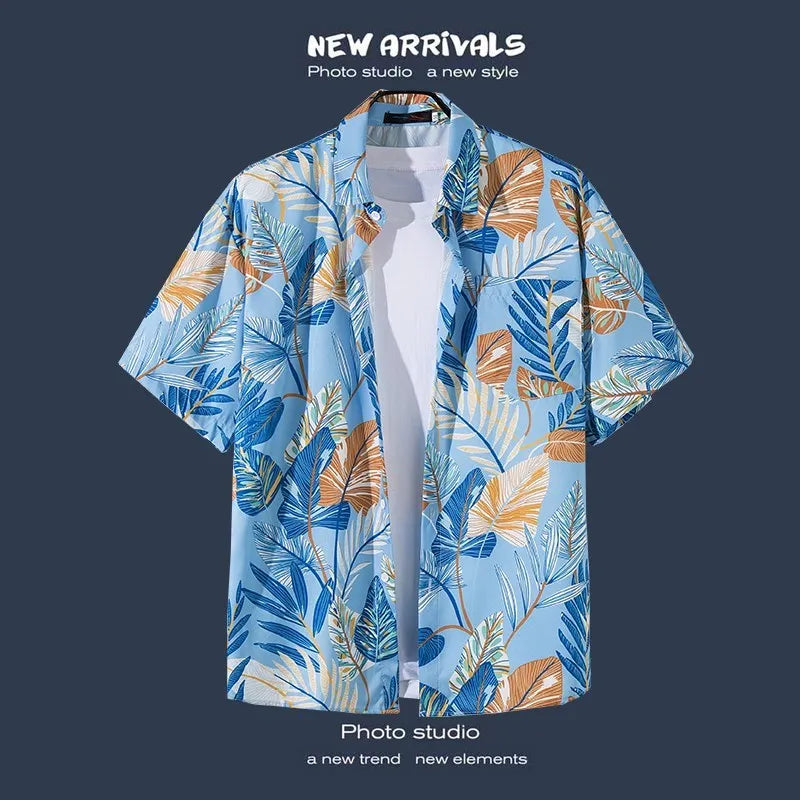 Men Street Fashion Summer Daily Shirt Hawaiian Cartoon Print Casual Loose Shirts Short Sleeve Beach Loose Tops