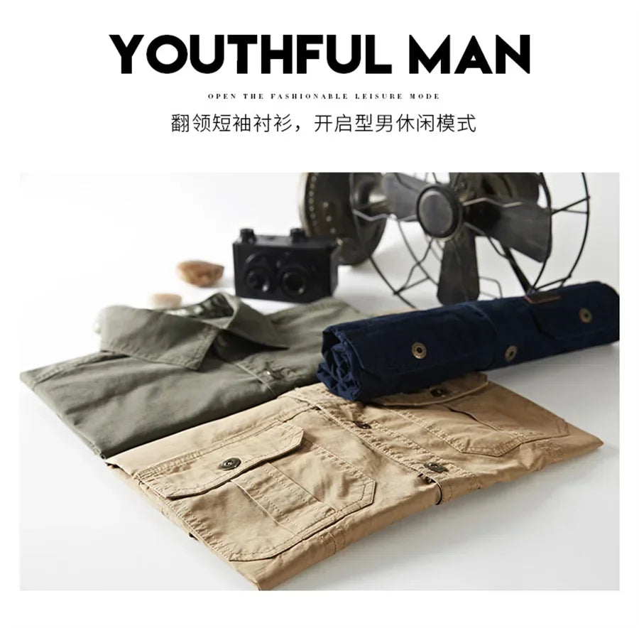 Summer Quick Dry Short Sleeve Mens Army Fan Tactical Shirts Male Solid Thin Lapel Cargo Shirt Tops Outdoor Hiking Military Shirt