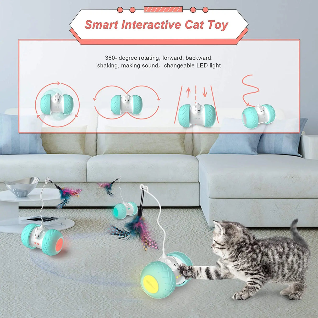 Interactive Cat Toys for Indoor Cats, Automatic Kitten Toys Electronic with Mouse and 3 Feathers for Cats to Play Alone Exercise