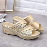 2022 New Women Summer Slippers Ladies Glitter PU Wedges Shoes Female Casual Slingbacks Sandals Comfortable Platform Woman