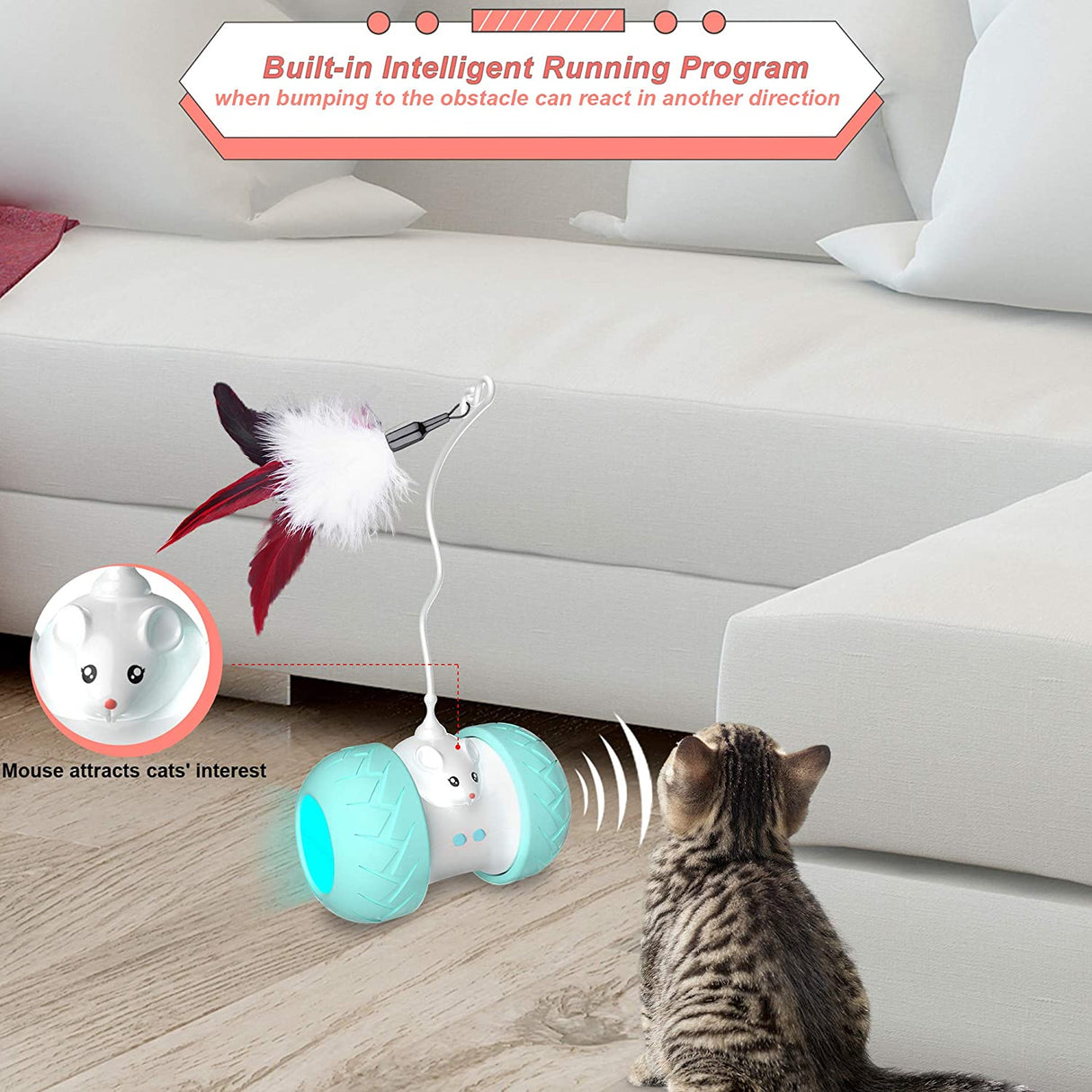 Interactive Cat Toys for Indoor Cats, Automatic Kitten Toys Electronic with Mouse and 3 Feathers for Cats to Play Alone Exercise