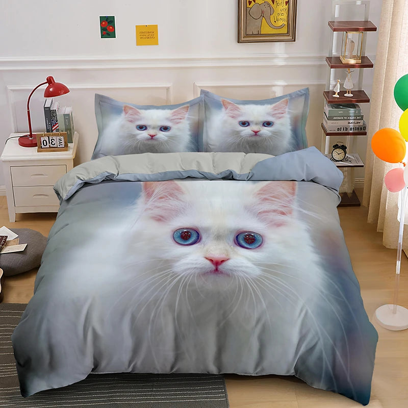 3D Cat Bedding Set Luxury Animal Duvet Cover with Pillowcase Queen King Single Double Size for Girls Boy Polyester Quilt Cover