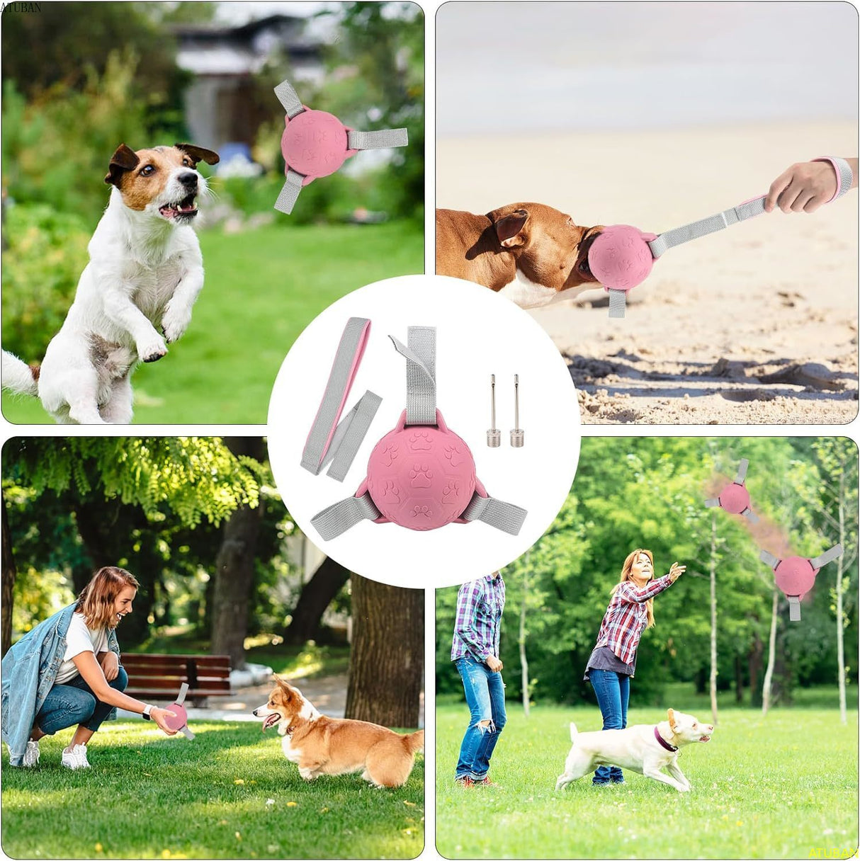 ATUBAN Dog Soccer Ball Toy with Straps: Interactive Rubber Water Toy,Ideal Gift for Dogs, Suitable for Tug of War & Outdoor Play