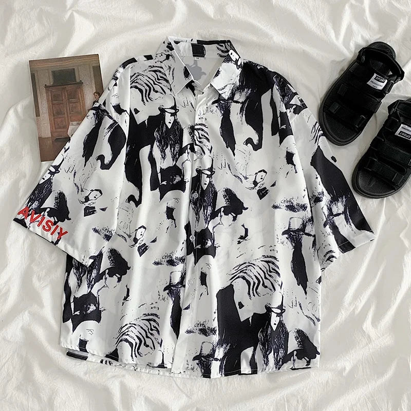 Men Street Fashion Summer Daily Shirt Hawaiian Cartoon Print Casual Loose Shirts Short Sleeve Beach Loose Tops