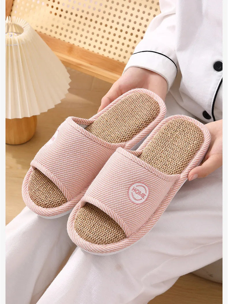 Couples Home Cotton Linen Slippers Women Indoor Bedroom Soft Slides Comfortable Men House Shoes Non-slip Breathable Flats