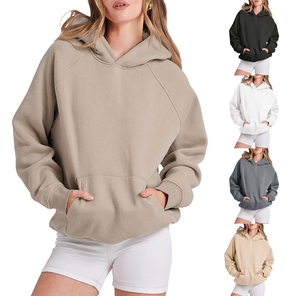 2023 Autumn Casual Basic Women Solid Color Loose Hooded Hoodies Jogger Sweatshirt Winter Front Pockets Pullover Tops Clothes