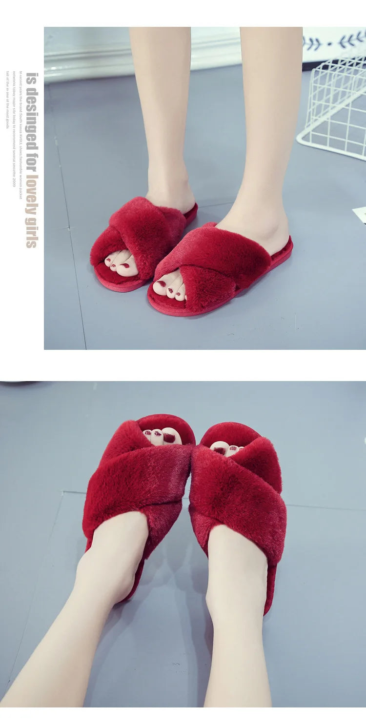 Warm Fluffy Slippers Women's Plush Slippers Comfortable Faux Fur Cross Indoor Floor Slippers Flat Soft Fur Shoes Ladies Women