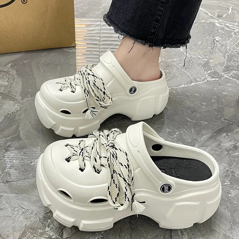 2024 Women's Hole Shoes Summer New EVA Thick Sole Garden Shoes Cute Cartoon 8cm High Heels Anti Slip Soft Sole Perforated Shoes