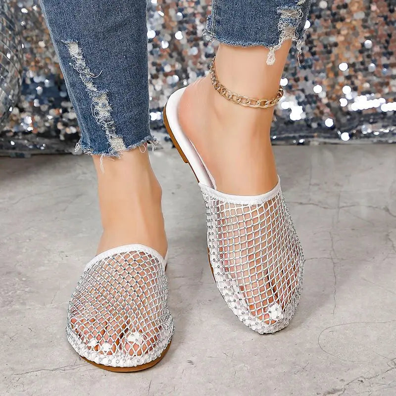 2024 Women Summer New Round Head Slippers Water Diamond Flat Home anti-skid Sandals Slippers