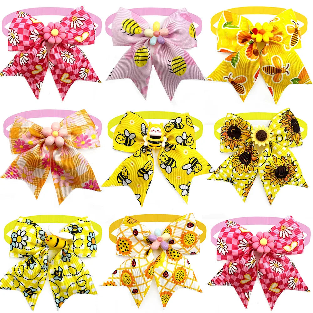 50pcs Flowers Styel Small Dog Bowties Bee Pattern Pet Products Neck Tie Collar Pet Grooming Supplies for Small Dog Accessories