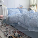 Quilt Cover INS Girl Blue Solid Color Seersucker Ruffles Lace Bedding Set Kawaii  Soft Sheet Woman Duvet Cover Pillow Covers