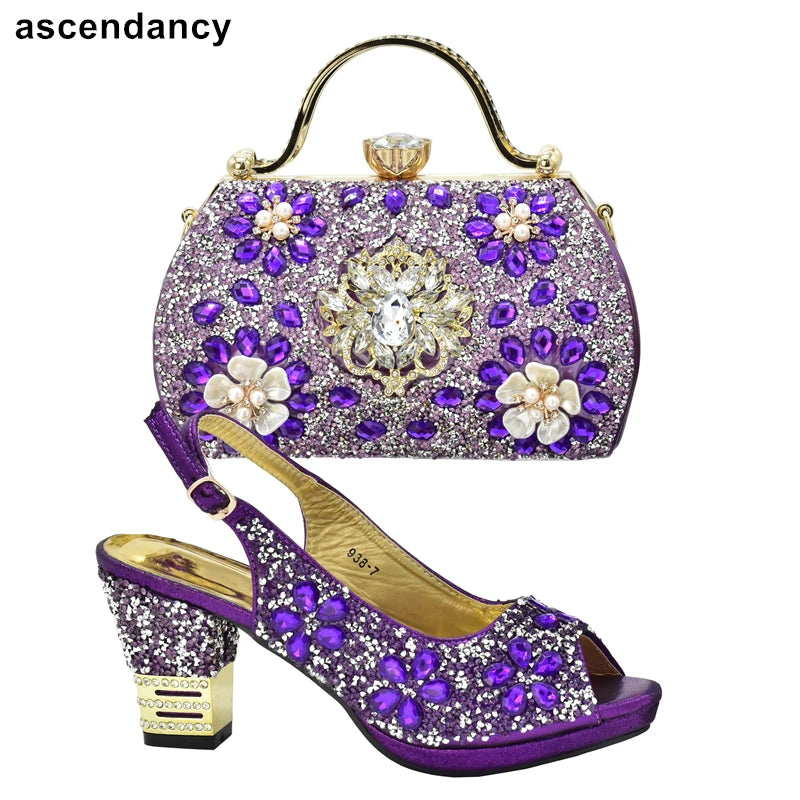 New Arrival Italian Women Wedding Shoes and Bag Set Decorated with Rhinestone Purple Shoes and Bags Sets Wedding Shoes Bride