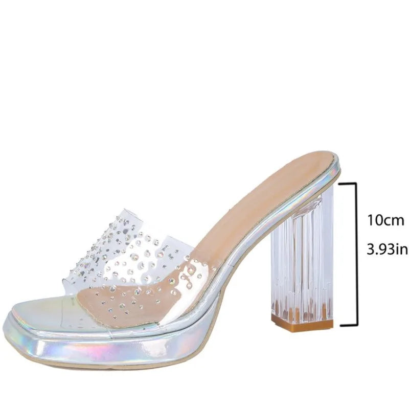 Womens Sandals Sexy Sweet Street Style Fashion Peep Toe Slip-On 5CM Square Heel 3.5CM Platform Solid Transparent Women Shoes 42