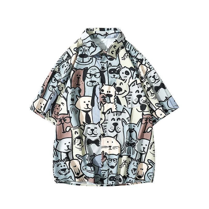 Men Street Fashion Summer Daily Shirt Hawaiian Cartoon Print Casual Loose Shirts Short Sleeve Beach Loose Tops