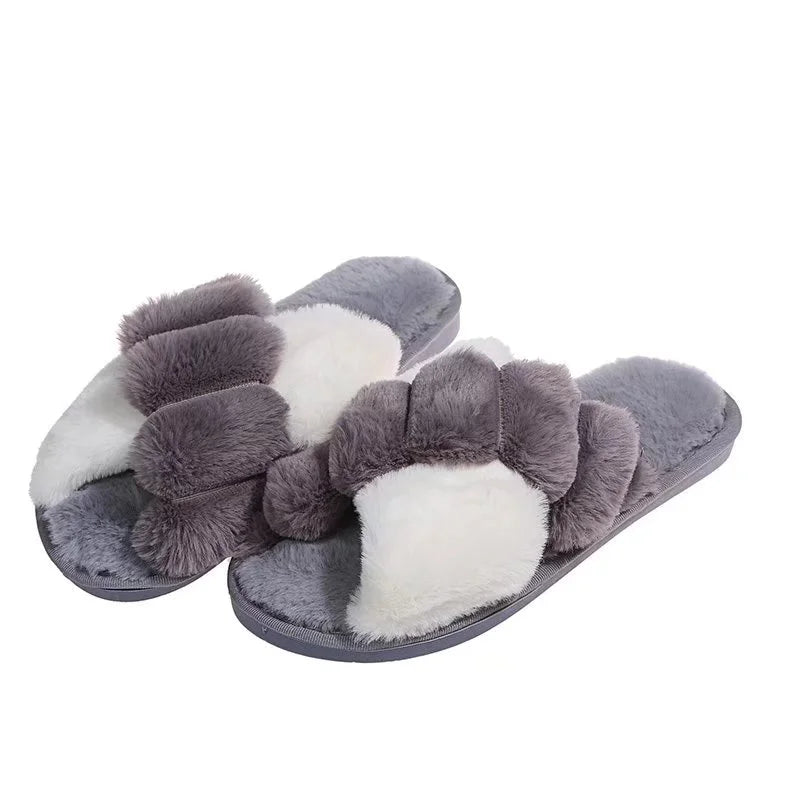 Women Winter House Furry Slippers Fluffy Faux Fur Home Slides Flat Fashion Indoor Floor Shoes Ladies Flip Flops Chaussure Femme