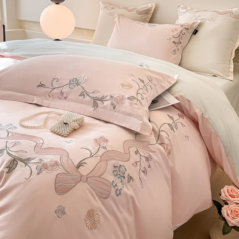 100% Cotton Bed Linen 4 Pcs Embroidered Comforter Bedding Set Couple Duvet Quilt Cover Double Sheets Set and Pillow Case Luxury