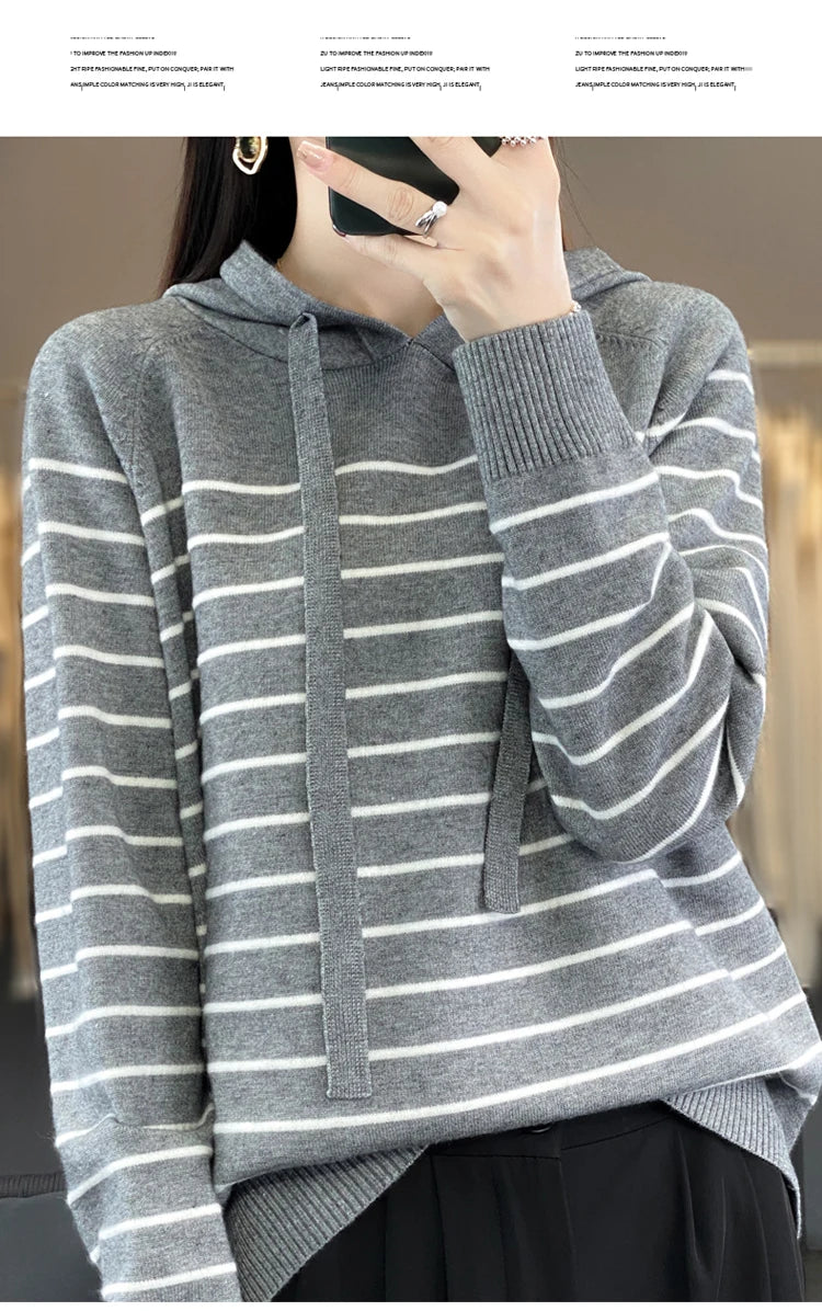 New Striped Wool Hoodies And Sweatshirts For Women Long Sleeve Sweaters Knitted Jumpers Female Outerwears Fashion Hoody Clothing