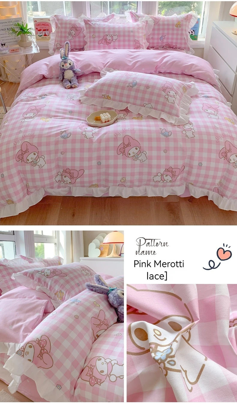 Sanrio Kids Bedding Set Kuromi Cinnamoroll Mymelody Duvet Cover Bed Sheet Pillowcase Bedsheet Double Single King Queen Twin Size