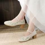 Veowalk  4cm Block Heels Women Cotton Embroidered Mary Jane Shoes Elegant Soft Comfortable Retro Costume Pumps White Beige