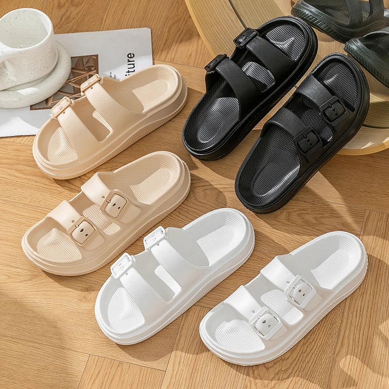 Thick Platform Cloud Slippers Women Double Buckle Soft Sole Pillow Slides Sandals Woman Summer Beach Non-Slip Flip Flops