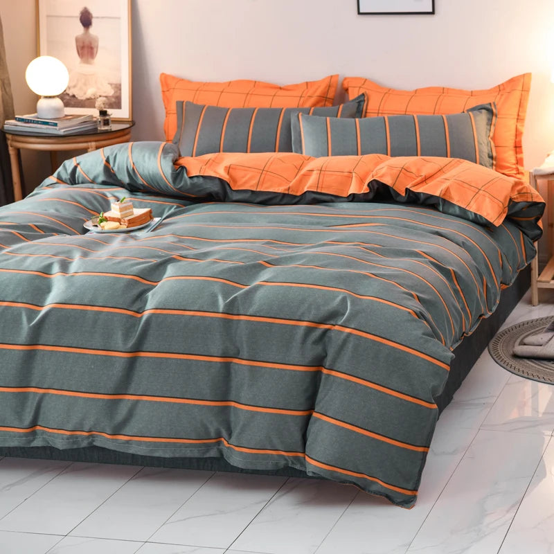 Striped Grey Duvet Cover Twin Queen Size Reversible Neutral Orange Plaid Quilt Cover Geometric Bedding Set Microfiber 3 Pcs Set