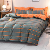 Striped Grey Duvet Cover Twin Queen Size Reversible Neutral Orange Plaid Quilt Cover Geometric Bedding Set Microfiber 3 Pcs Set