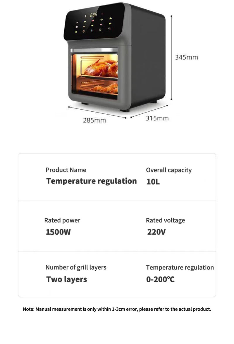 10L Large Capacity Electric Air Fryers Oil-free Automatic Household Kitchen 360°Baking Convection Oven Deep Fryer without Oil