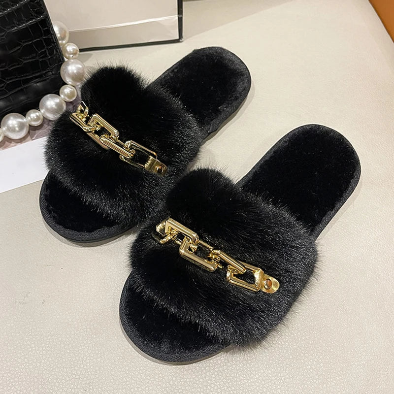 Fluffy Slippers Home Winter Casual Chain Designer Shoes Women 2024 Indoor Platform Plush Slides Girls Fashion Elegant Large Size